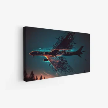 لوحات فن عصري لطائرة تتداخل مع غابة مظلمة وألوان زرقاء وصفراء، جو غامض ومثير. لوحات فنية عصرية، لوحات جدارية للمنزل، لوحات مودرن.