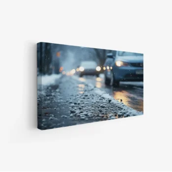لوحة منظر شتوي مع تساقط الثلوج وأضواء السيارات في الخلفية، أجواء هادئة وساحرة، لوحات طبيعة، لوحات كانفاس.