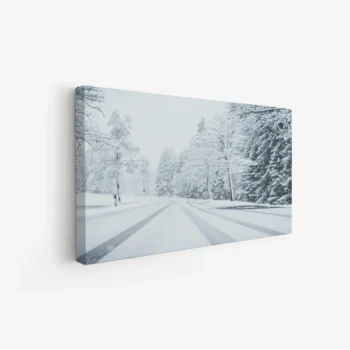لوحة طبيعة هادئة مع مشهد ثلجي ساحر وأشجار مغطاة بالثلوج، أجواء هادئة وسكونية، لوحات طبيعة، لوحات كانفاس.
