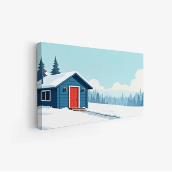 لوحة طبيعة هادئة مع منزل أزرق في ثلوج بيضاء وأشجار خضراء تحت سماء زرقاء صافية، لوحات طبيعة، لوحات كانفاس.