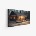 لوحة طبيعة هادئة مع كوخ خشبي مضاء في الثلوج المحيطة بأشجار كثيفة، أجواء دافئة وساحرة، لوحات طبيعة، لوحات كانفاس.