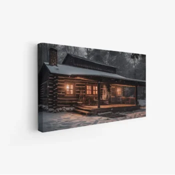 لوحة طبيعة هادئة مع كوخ خشبي مضاء في الثلج، ألوان دافئة وسط أجواء شتوية ساحرة، لوحات طبيعة، لوحات كانفاس.