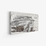 لوحة طبيعة هادئة بتدرجات الأبيض والرمادي مع لمسات خشبية تضفي إحساسًا بالسكينة، لوحات فنية مودرن، لوحات كانفاس.