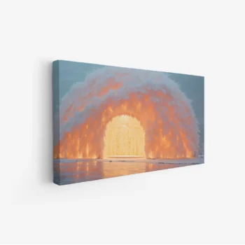 لوحة منظر ليلي بألوان دافئة وأجواء سحرية تعكس مدخلًا مضيئًا وسط غيوم ناعمة، لوحات فن عصري، لوحات كانفاس.