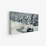 لوحة طبيعة هادئة تظهر طريقاً ملتفاً محاطاً بأشجار مغطاة بالثلوج، أجواء هادئة وساحرة، لوحات طبيعة، لوحات كانفاس.