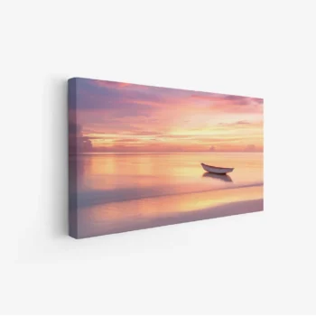 لوحات مناظر طبيعية تعكس غروب الشمس بألوان وردية وذهبية مع قارب هادئ على البحر، لوحات فخمة، لوحات جدارية للمنزل.