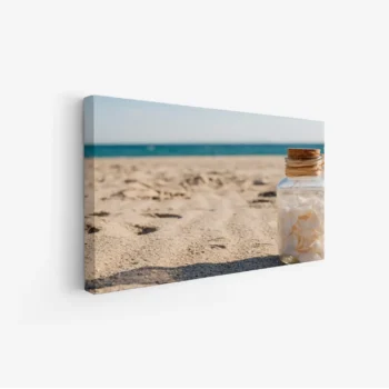 لوحات مناظر طبيعية تحتوي على رمال شاطئية وزجاجة مليئة بالأصداف، بألوان دافئة وجو هادئ. لوحات مودرن، لوحات فنية عصرية، لوحات جدارية للمنزل.