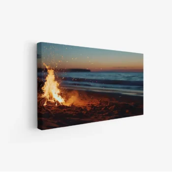 لوحات مناظر طبيعية تتضمن نارًا مشتعلة على الشاطئ مع ألوان دافئة وغروب ساحر، لوحات فخمة، لوحات جدارية للمنزل.