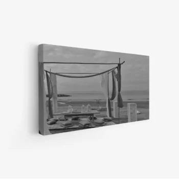 لوحات مناظر طبيعية تجسد أجواء الشاطئ الهادئة مع خيمة بيضاء وألوان رمادية، لوحات مودرن، لوحات فنية عصرية، لوحات جدارية للمنزل.