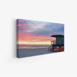 لوحات مناظر طبيعية غامرة بألوان الغروب الوردية مع بحر هادئ وكوخ شاطئي، لوحات فخمة، لوحات جدارية للمنزل.