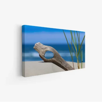 لوحات مناظر طبيعية تجسد خشبة جافة على شاطئ رملي مع خلفية بحر زرقاء، أجواء هادئة ومريحة. لوحات فنية عصرية، لوحات جدارية للمنزل، لوحات أنيقة.