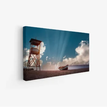 لوحات مناظر طبيعية لشاطئ هادئ مع برج مراقبة وقارب، ألوان زرقاء وبيضاء، جو مريح. لوحات فخمة، لوحات جدارية للمنزل، لوحات أنيقة.