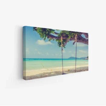 لوحات مناظر طبيعية لشاطئ هادئ مع أشجار خضراء ومياه زرقاء صافية، جو مريح ومنعش. لوحات فنية عصرية، لوحات جدارية للمنزل، لوحات أنيقة.