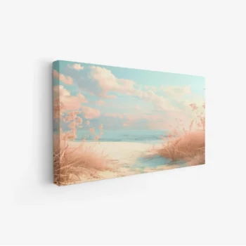 لوحات مناظر طبيعية لشاطئ هادئ مع سماء زرقاء وغيوم وردية، أجواء مريحة ومشرقة. لوحات جدارية للمنزل، لوحات فنية عصرية، لوحات أنيقة.