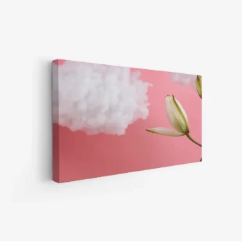 لوحة طبيعة هادئة بألوان وردية وزهور بيضاء مع سحب ناعمة، تعكس أجواء السكون والجمال، لوحات فنية مودرن، لوحات كانفاس.