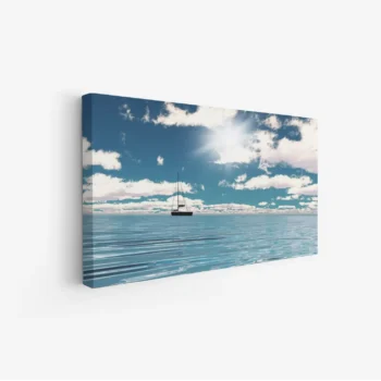 لوحة بحر تتألق تحت أشعة الشمس مع قارب يطفو على مياه زرقاء هادئة، لوحات جمادات ومعالم، لوحات كانفاس.