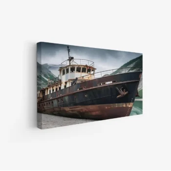 لوحة بحرية لسفينة قديمة مهجورة بألوان داكنة وجو غامض، لوحات جمادات ومعالم، لوحات كانفاس.