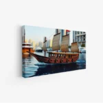 لوحة بحرية لسفينة خشبية تبحر في مياه زرقاء تحت سماء صافية، تعكس أجواء هادئة، لوحات طبيعة، لوحات كانفاس.