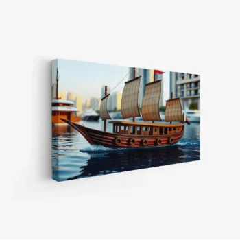 لوحة بحرية لسفينة خشبية تبحر في مياه زرقاء تحت سماء صافية، تعكس أجواء هادئة، لوحات طبيعة، لوحات كانفاس.