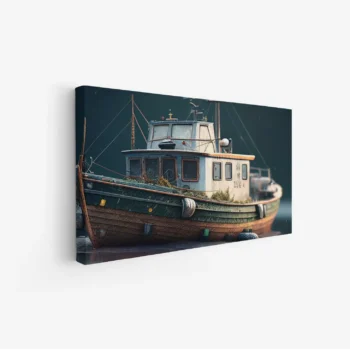 لوحة بحرية تظهر قاربًا قديمًا محاطًا بالمياه الهادئة، بألوان دافئة وجو هادئ، لوحات طبيعة، لوحات كانفاس.