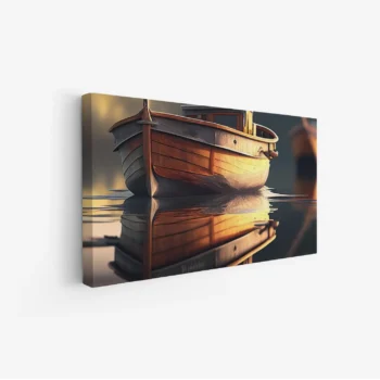 لوحة بحرية لقارب خشبي عائم بألوان دافئة تعكس هدوء المياه، جو ساحر ومريح، لوحات طبيعة، لوحات كانفاس.