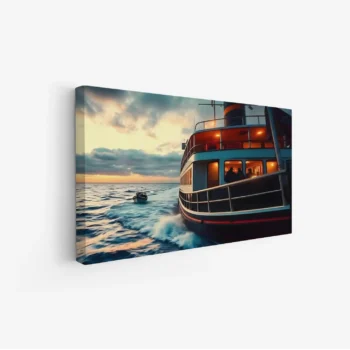 لوحة بحرية تعكس ألوان الغروب مع قارب يبحر في أمواج هادئة، لوحات جمادات ومعالم، لوحات كانفاس.