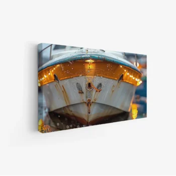 لوحة بحرية تظهر قاربًا مزينًا بأضواء دافئة مع قطرات الماء، تعكس أجواء هادئة وساحرة، لوحات طبيعة، لوحات كانفاس.