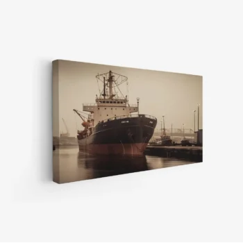 لوحة بحرية لسفينة كبيرة في ميناء تحت ضوء خافت، بألوان دافئة وهدوء عام، لوحات جمادات ومعالم، لوحات كانفاس.