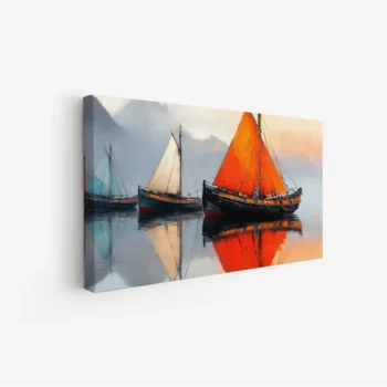 لوحة بحر بألوان دافئة تعكس قوارب ملونة على سطح الماء الهادئ مع أجواء ساحرة، لوحات طبيعة، لوحات كانفاس.