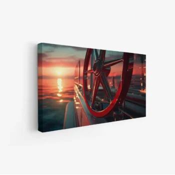 لوحة بحر بألوان غروب الشمس الدافئة مع عجلة قيادة، تعكس أجواء هادئة وساحرة، لوحات طبيعة، لوحات كانفاس.