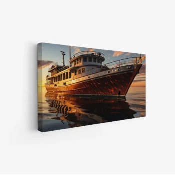 لوحة بحرية لسفينة خشبية تتلألأ تحت أشعة الشمس الغاربة، بألوان دافئة تعكس الهدوء، لوحات طبيعة، لوحات كانفاس.