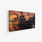 لوحة بحرية لسفينة تاريخية تبحر في مياه هادئة تحت سماء غروب مشمسة، لوحات طبيعة، لوحات كانفاس أنيقة