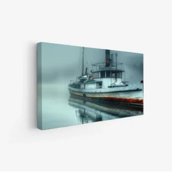 لوحة بحرية ضبابية تظهر قاربًا قديمًا يطفو في مياه هادئة بلون أزرق رمادي، تعكس الأجواء الساكنة، لوحات جمادات ومعالم، لوحات كانفاس.