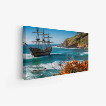 لوحة بحرية لسفينة تاريخية تبحر في مياه زرقاء صافية مع صخور خضراء وأزهار برتقالية، لوحات مناظر طبيعية، لوحات كانفاس.