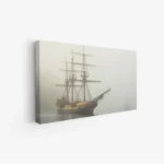 لوحة بحرية ضبابية تظهر سفينة قديمة بألوان دافئة وسط أجواء غامضة، لوحات مناظر طبيعية، لوحات كانفاس.