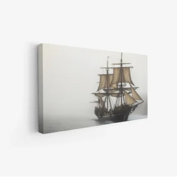 لوحة بحرية بسفينة قديمة تبحر في ضباب كثيف بألوان دافئة، تعكس أجواء الغموض والسحر، لوحات فنية مودرن، لوحات كانفاس.