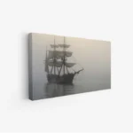 لوحة بحرية ضبابية لسفينة قديمة تبحر في مياه هادئة بألوان رمادية ودافئة، لوحات فنية مودرن، لوحات كانفاس.