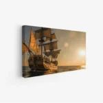 لوحة بحرية لسفينة قديمة تحت أشعة الشمس الذهبية، تعكس أجواء المغامرة والهدوء، لوحات مناظر طبيعية، لوحات كانفاس.