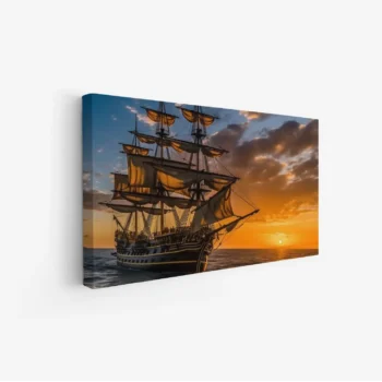 لوحة بحرية لسفينة شراعية تبحر تحت غروب الشمس، ألوان دافئة وسماء ملبدة بالغيوم، لوحات مناظر طبيعية، لوحات كانفاس.