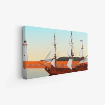 لوحة بحرية لسفينة تاريخية تبحر في مياه هادئة مع منارة خلفية وألوان دافئة، لوحات طبيعة، لوحات كانفاس أنيقة