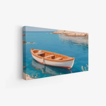 لوحة بحرية هادئة تظهر قاربًا خشبيًا يطفو على مياه زرقاء صافية محاطة بالصخور، تعكس أجواء الاسترخاء، لوحات طبيعة، لوحات كانفاس.