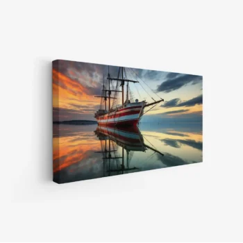 لوحة بحر تعكس سفينة ملونة تحت سماء غائمة بألوان دافئة، جو هادئ ومريح، لوحات مناظر طبيعية، لوحات كانفاس.