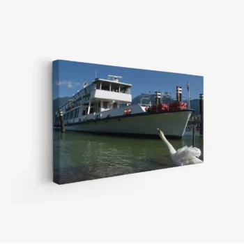 لوحة بحرية تظهر قاربًا أبيض يرسو على مياه زرقاء صافية مع طيور بجانبه، أجواء هادئة ومريحة، لوحات مناظر طبيعية، لوحات كانفاس.