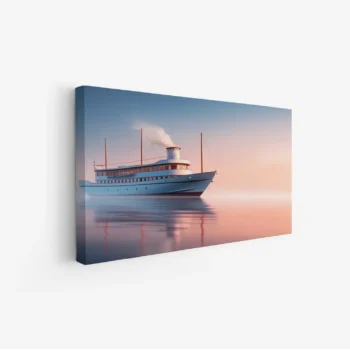 لوحة بحر بسفينة بيضاء تعكس ألوان الغروب الهادئة في مياه صافية، لوحات طبيعة، لوحات كانفاس أنيقة