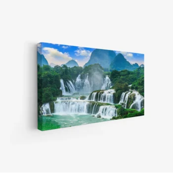 لوحات مناظر طبيعية لشلالات مائية محاطة بغابات خضراء وجبال، ألوان زاهية وجو هادئ. لوحات فنية عصرية، لوحات جدارية للمنزل، لوحات أنيقة.