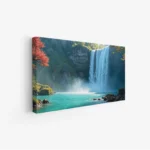 لوحات مناظر طبيعية تتضمن شلالات مائية وزرقة البحر مع أشجار حمراء، جو هادئ ومريح. لوحات فنية عصرية، لوحات جدارية للمنزل، لوحات أنيقة.