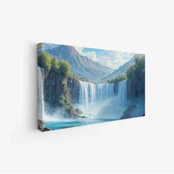 لوحات مناظر طبيعية لشلالات مائية محاطة بالجبال والأشجار، ألوان زرقاء وخضراء، جو هادئ ومريح. لوحات فخمة، لوحات جدارية للمنزل، لوحات أنيقة.