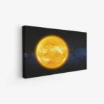 لوحة شمس ساطعة في سماء مظلمة مليئة بالنجوم، ألوان دافئة ومشرقة، جو مفعم بالطاقة والحيوية، مناظر طبيعية، لوحات جدارية أنيقة، لوحات فنية عصرية، لوحات مودرن.