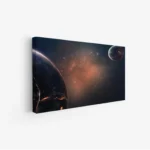 لوحة فضاء مذهل تتضمن كواكب بألوان داكنة مع لمسات من اللون البرتقالي، تعكس عمق الكون،مناظر طبيعية، لوحات فخمة، لوحات جدارية للمنزل.
