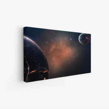 لوحة فضاء مذهل تتضمن كواكب بألوان داكنة مع لمسات من اللون البرتقالي، تعكس عمق الكون،مناظر طبيعية، لوحات فخمة، لوحات جدارية للمنزل.